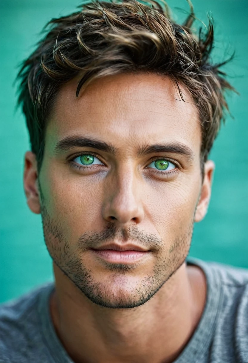 perfect light man, short hairstyles , dark green eyes, focus on character's face, blue wall background
