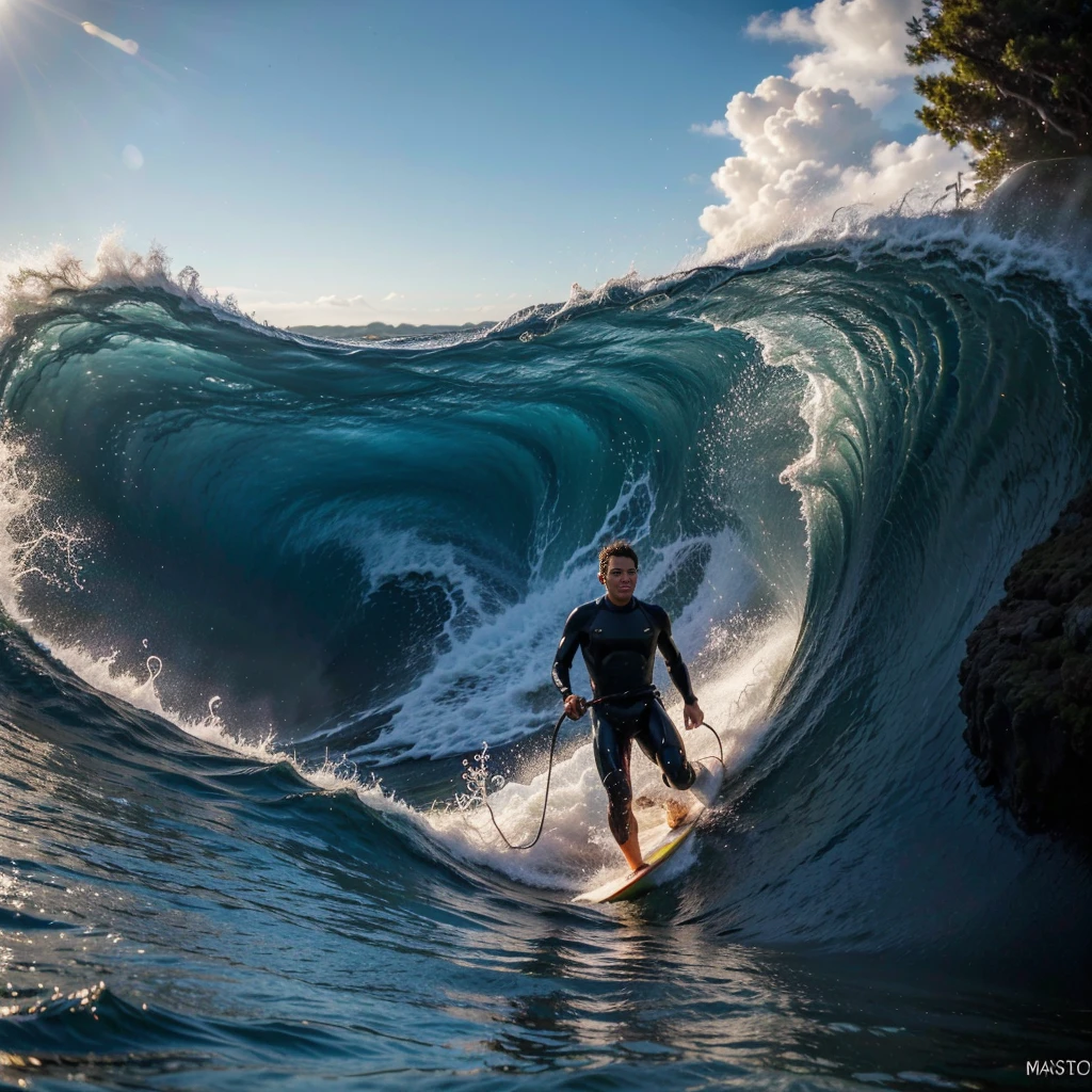 a surfer riding a large ocean wave, detailed water, crashing waves, dramatic sky, sun glare, splashing water, ocean mist, wet suit, dynamic pose, extreme action, (best quality,4k,8k,highres,masterpiece:1.2),ultra-detailed,(realistic,photorealistic,photo-realistic:1.37),dramatic lighting,cinematic composition,vibrant colors,epic scale