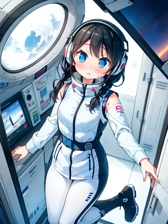 (Highest quality), (masterpiece), 1080P, High resolution, 4K, 8k, Inside the space station、Futuristic room、jumping:1.5,zero gravity,floating,, Shooting from directly below, The woman on top of me, 白いSweat, Covered , Sweat, Woman looking down, Skirt swimsuit, I see white pants。BREAK (black long sleeves,):1.5,black tights,BREAK, futuristic boots,headphone,Halation,To achieve this, 16 years old, , whole body, Braided hair, Inner Color, Embarrassed face, Short black hair,  Bedroom,white downVest,celestial body_Vest
