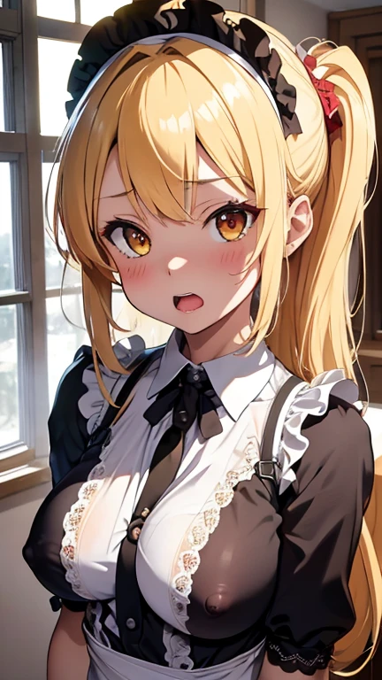 mastute piece,Best Quality,insanely detailed,8k cg,nsfw,
(shoot upper body:1.3),
(1girls:1.3),standing,looking at viewr,body in front,(arms behind back:1.4),(maid:1.3),(bare breasts:1.2),(bare nipples:1.2),
break,
blush,shy,(ecstasy face),(trembling:1.2),break,(light yellow hair:1.3),
break,
perfect breasts,perfect teats,(open mouth:0.9),(large breasts:1.2),
(bedroom),