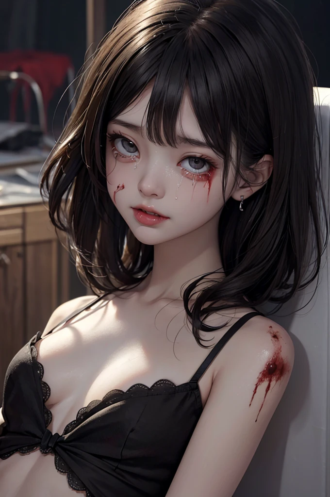 Highest quality, masterpiece, look up, cute,(Horror),(((少女の美しいzombie))),(zombie),(This girl is dead),Trying to bite,(((Bleeding,Injured))),(((Shedding tears of blood))),((口からBleeding)),((Covered in blood)),(A body covered in wounds),((zombieに身体中を噛みつかれた)),((Sexy)),(sexy),((Small breasts)),(Baby Face),(Middle school students),(((Masturbation))),((semen)),Beautiful Style,(((Lower body exposed))),((Pale skin)),(Sensual look),Sexy表情,Expressions of delight,Crazy Smile,((Ahegao)),(Dark atmosphere),(Dark atmosphere,fear),((Dim lighting))