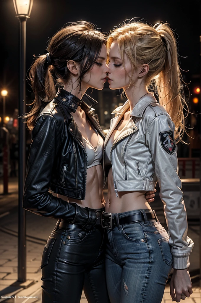 (Detailed illustrations, Very detailed and detailed drawing, Delicate lines with slow and rapid, Realistic texture expression), Two women with long blond or ginger hair, ponytail or messy hair, (((passionate kissing))), kiss, (((eyes closed))), (((closed eyes))), erotic, (((one girl is touching the other sensually and grabbing her crotch))), ((intimate)), ((hand in pants)), ((fingering navel)), ((empty street playground background with graffiti)), (((night time, street light))), standing in the street, (((very skinny figure, very thin waist, very narrow hips, very slim legs, large breast, athletic body))), punk, ((white bra)), exposed midriff, (((high waist jeans))), ((navel piercing)), strong abs, ((black collars)), ((((small open leather jacket)))), ((black or brown leather belt))