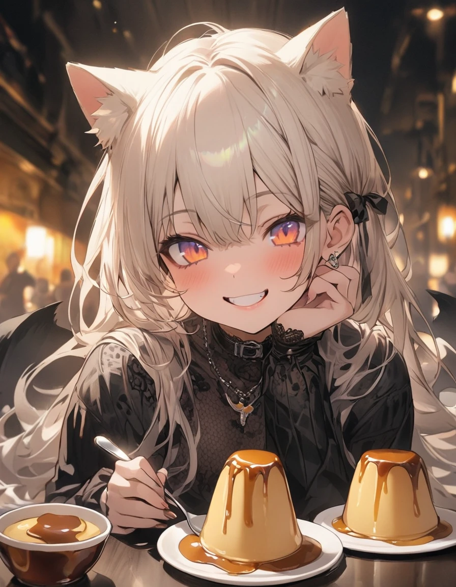 masterpiece、girl、White Hair、Long Hair、Cat ear、smile、(((Big caramel sauce Pudding)))、She has spoon,Focus on the face
INFO