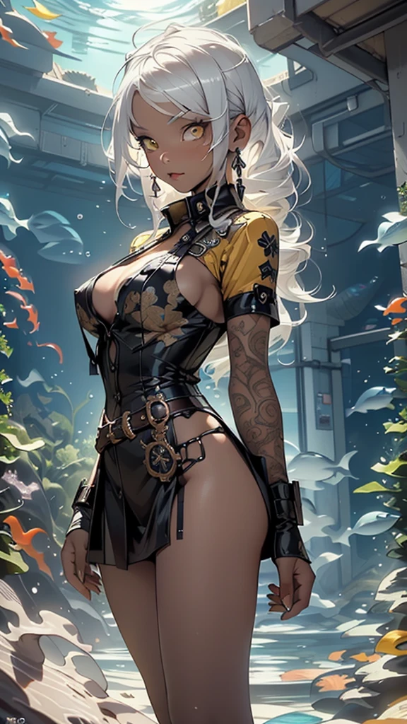 girl steampunk,(((1girl))),((girl with extremely cute and beautiful white hair)),dark skin,very dark skin,dark_skin,

(large breasts:1.4),saggy breasts,(((white hair:1.35,straight hair,long hair:1.4,colored inner hair,ear breathing))),(((light_yellow_eyes:1.3))),intricate eyes,beautiful detailed eyes,symmetrical eyes,big eyes:1.5,((fat)),((((black girl,black skin,dark-skinned_female,dark skin:1.3,ebony skin,lustrous skin:1.5,bright skin: 1.5,shiny skin,very shiny skin,shiny body,plastic glitter skin,exaggerated shiny skin,shiny skin like ebony,illuminated skin))),(spider lower abdomen,narrow waist,wide hip,athletic body,inflated legs, thick thighs,detailed body,(detailed face)),

cute,slutty,seductive,erotic,((nsfw)),

zettai ryouiki,revealing clothing,show skin,((steampunk shirt with an yellow print,steampunk mini-skirt,visible thong straps)),((underpants strap)),(wearing a steampunk outfit:1.3,steampunk clothes,semi-naked,with little clothing),((wet clothes,intricate outfit,intricate clothes)),

(dynamic pose:1.0),solo focus,embarrassed,(centered,scale to fit dimensions,Rule of thirds),

((factory with solar panels, glass domes, white rooms and glass roofs showing that they are under the ocean)),scenery:1.25,((intricate scenery)),((((Aquarium in the background)))),

(Glossy steampunk ornaments),highres,sharp focus,(ultra detailed,extremely detailed),(photorealistic artwork:1.37),(extremely detailed CG unity 8k wallpaper),(((vibrant colors,vibrant theme))),(intricate),(masterpiece),(best quality),artistic photography,(photography taken by sldr),(intricate background),perfect rendered face,perfect face details,realistic face,photo realistic,((intricate detail)),(((realism))),
