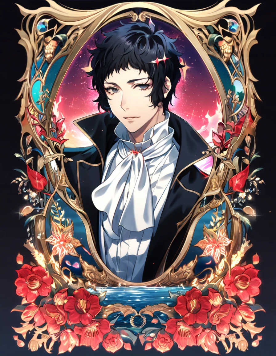 absurdres, highres, ultra detailed, HDR, master piece, Akutagawa Ryuonosuke, black hair, short bangs, expressive gray eyes, white cravat, black coat with high collar, white shirt, Bungou Stray Dogs, sexy man, handsome, best quality, red glittering crescent moon, red flowers, fantasy, magical, solo, water, red shining fireflies, red petals, sensual