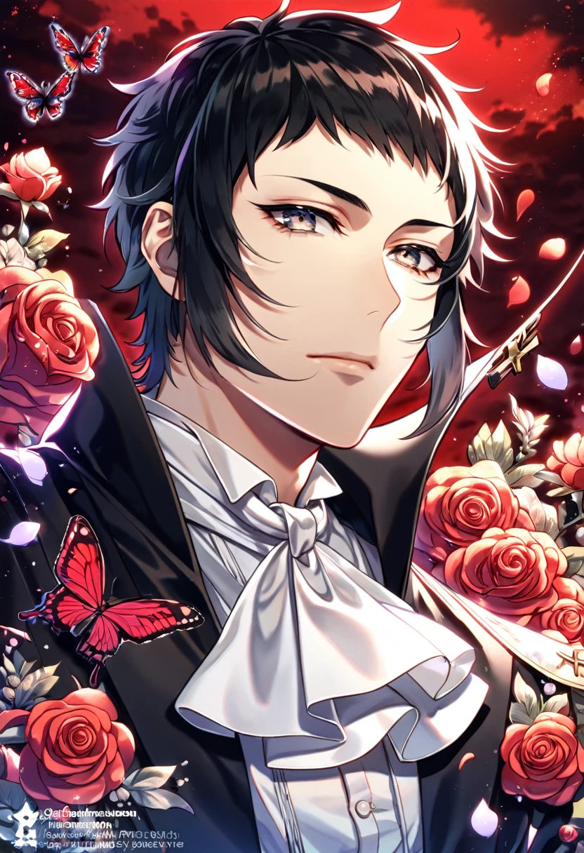 absurdres, highres, ultra detailed, HDR, master piece, best quality, extremely detailed, Akutagawa Ryuonosuke, black hair, short bangs, expressive gray eyes, Bungou Stray Dogs, solo, sexy man, handsome, black coat with high collar, white shirt, white cravat, cross, red butterflies, petals, magical, red roses, fantasy, rashoumon, red sky