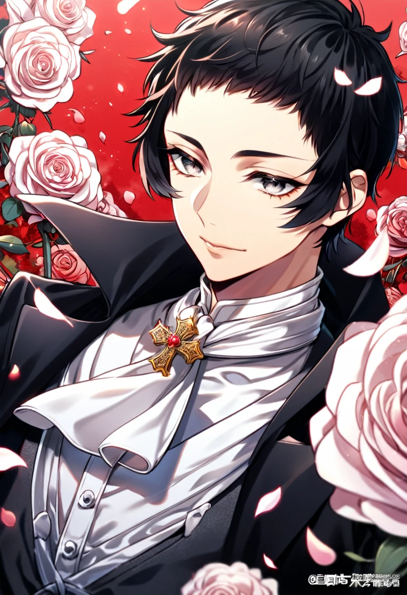 absurdres, highres, ultra detailed, HDR, master piece, best quality, extremely detailed, Akutagawa Ryuonosuke, black hair, short bangs, expressive gray eyes, Bungou Stray Dogs, solo, sexy man, handsome, black coat with high collar, white shirt, white cravat, cross, red butterflies, petals, magical, red roses, fantasy, rashoumon, red sky