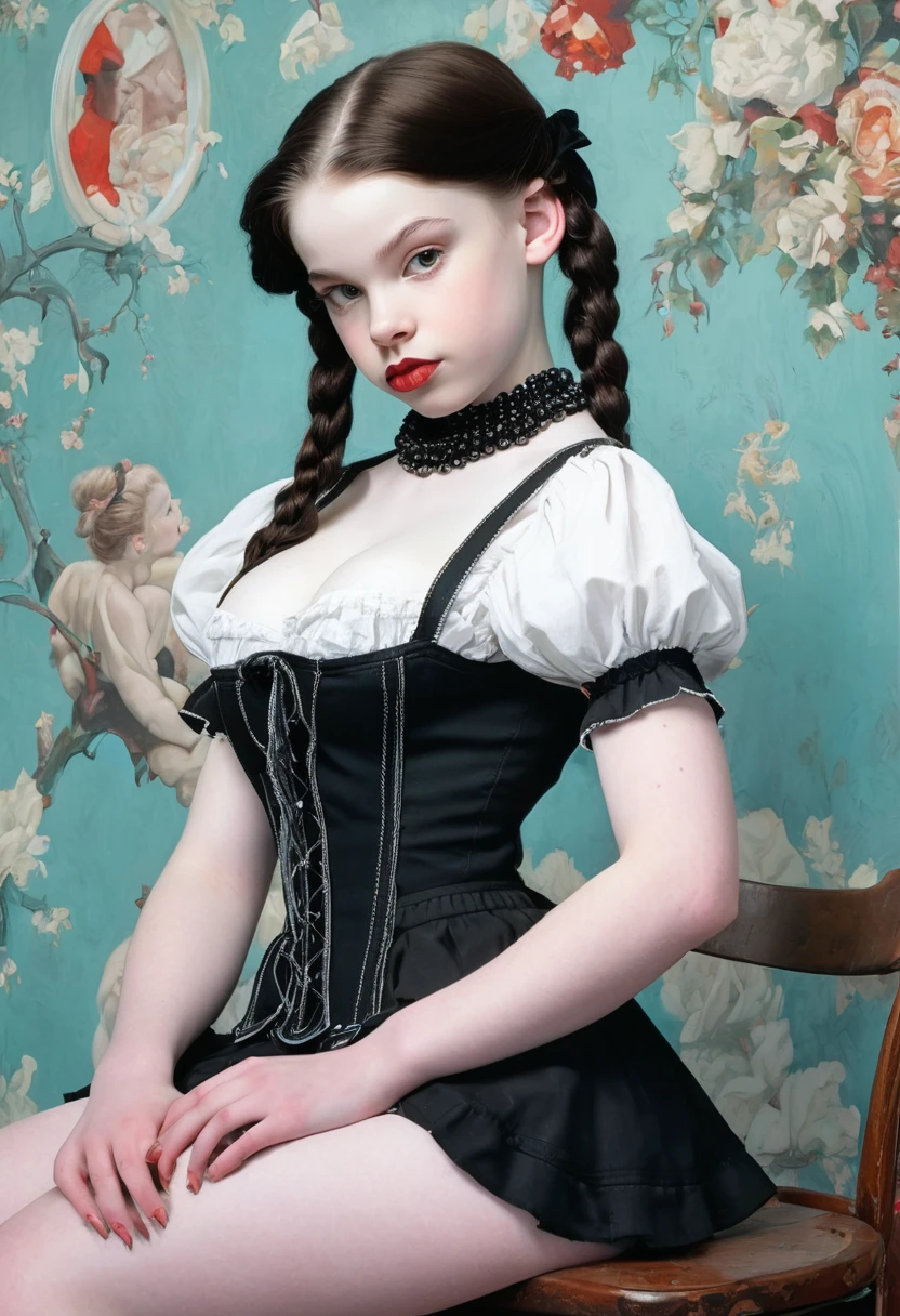 pale skin muscular goth brunette 13 year old girl huge breasts in the style of Norman Rockwell