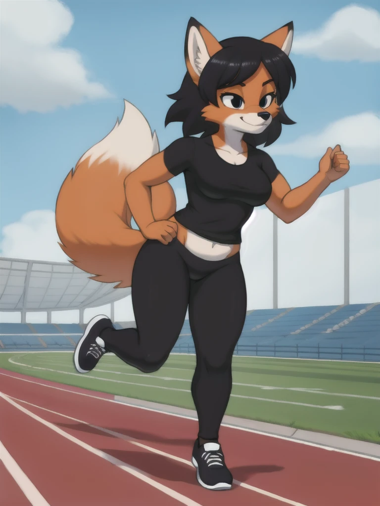 Furry, fox, female, black shirt, black leggings, shoes, running track, solo, full body