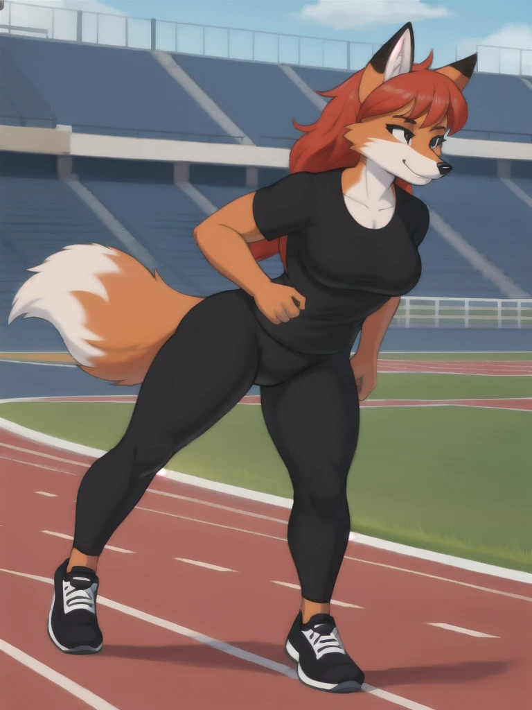 Furry, fox, female, black shirt, black leggings, shoes, running track, solo, full body