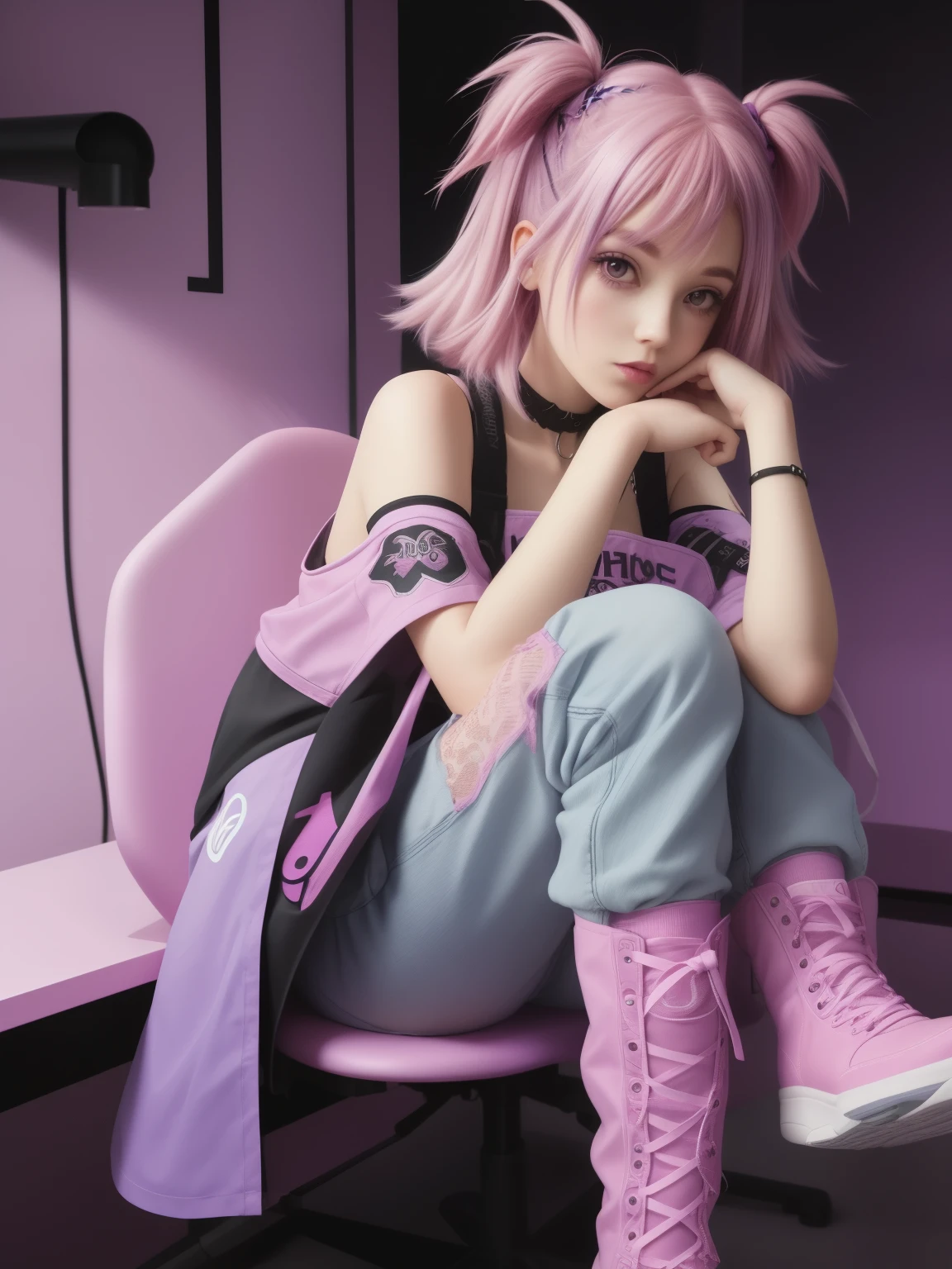 araffe girl with pink hair sitting on a desk with her legs up, she has purple hair, with pink hair, pastel goth aesthetic, huge pink hair, anime vibes, dark purple hair, long pink hair, purple aesthetic, lilac hair, cute girl with short pink hair, long purple hair, pastel goth, pink hair