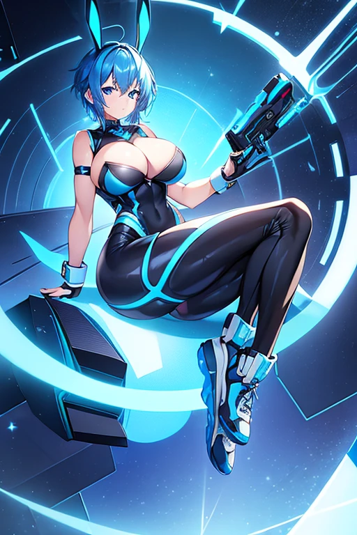 1girl, wide hips, large breasts, wide hips, blue hair, short hair, very short hair, blue eyes, bodysuit, black bodysuit, futuristic, machinery, science-fiction, tech, shoes, sneakers, neon trim, blue neon trim, full body, bunny ears, rabbit ears