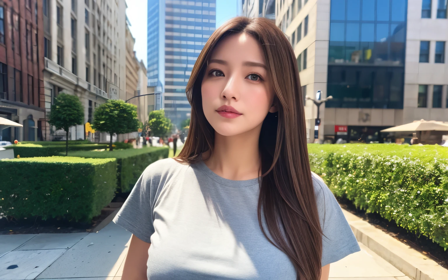 ((Top Quality, 8K, Masterpiece: 1.3)), Beauty, 1 Girl,Grey Eyes、Straight Hair、Medium Hair、Brown Hair、Jeans on a t-shirt、Dynamic Angles、Weight is 70 kg、The face is slightly fat、Age 25、flat chest、Cityscape