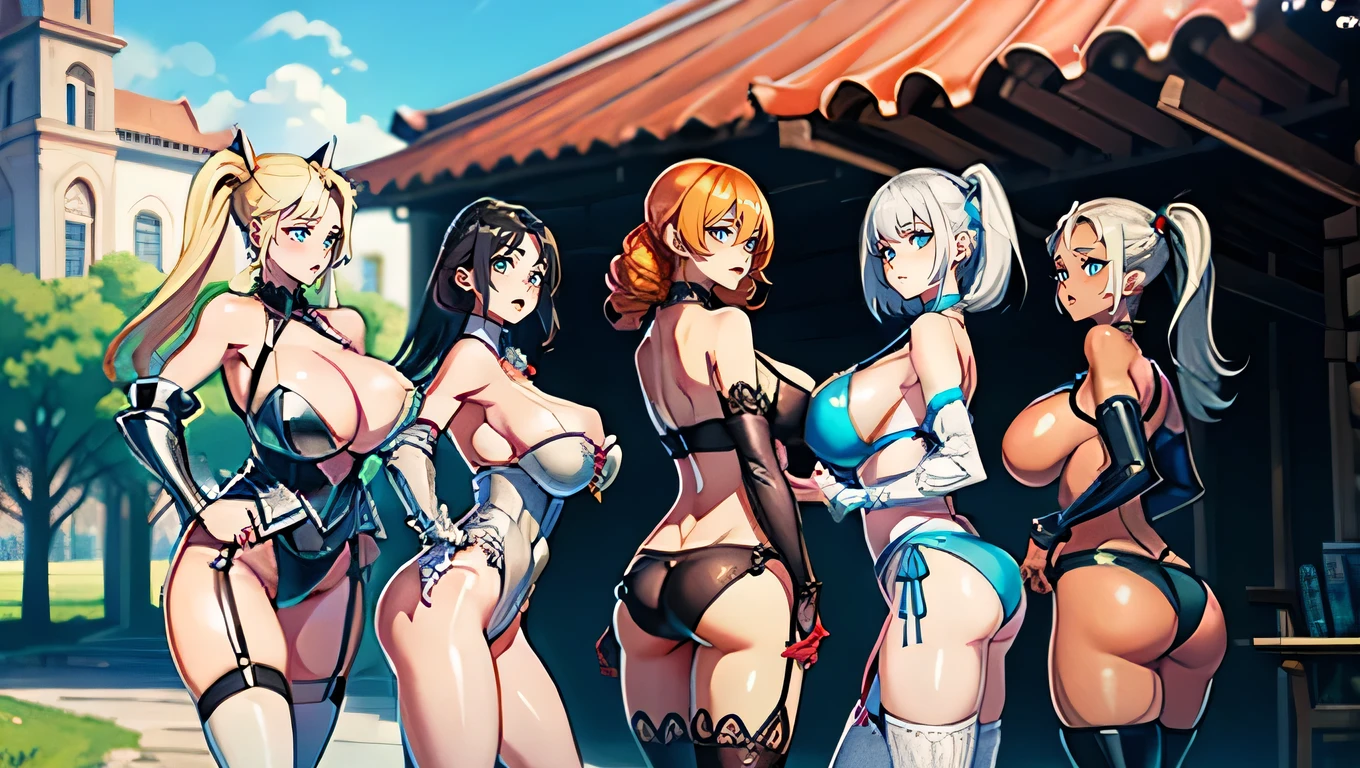 high quality, 8k, (Fantasy:1.1), (Five Girls, Group shot:1.4), (The body is slim:1.1), (Huge boobs:1.5), (Dark Skin:1.1), (muscle:1.1), Blonde, Silver Hair, Twin tails, Braiding, amount, (Open your mouth, Smile:1.1), (jewelry, knight armor, An elaborate leotard with sleeves, Leotard armor, Bikini Armor:1.2), garter belt, Recall, (Rear view, Back Focus:1.2), Medieval town, Outdoor,