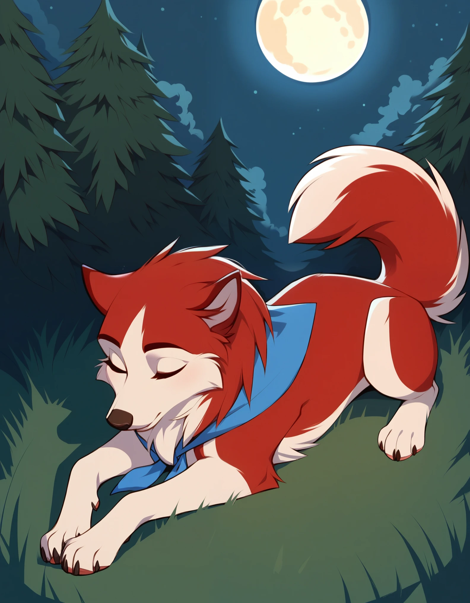 score_9, score_8_up, score_7_up,  BREAK,  1girl, jenna\(balto\), animal, solo, closed eyes, laying down, sleeping, night time, red fur, white fur, moon, outside, neckerchief, no humans, full body, tail,