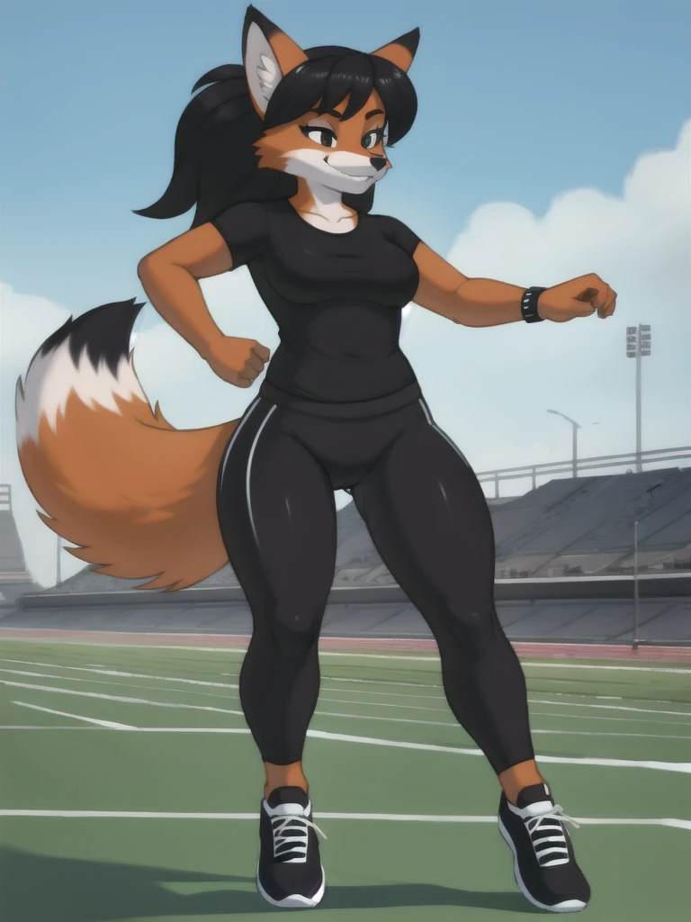 Furry, fox, female, black shirt, black leggings, shoes, running track, solo, full body