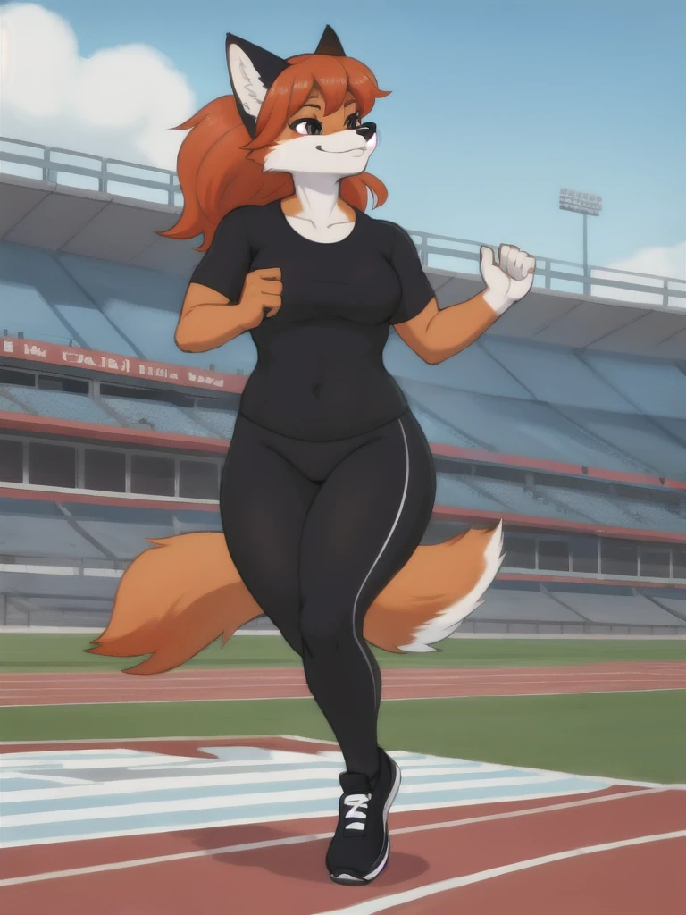 Furry, fox, female, black shirt, black leggings, shoes, running track, solo, full body