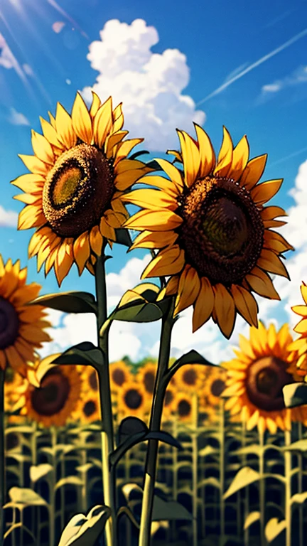 Sunflower field swaying in the wind with the blue sky behind it