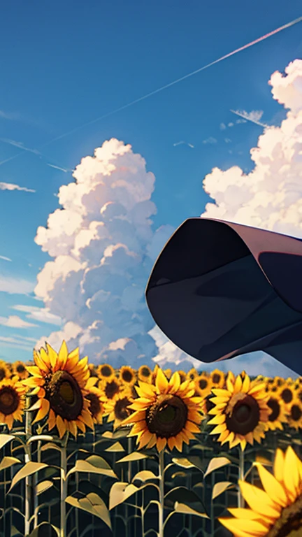 Sunflower field swaying in the wind with the blue sky behind it