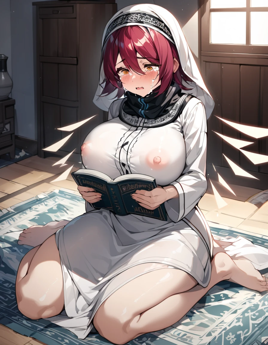 Exusiai(Arknights),red hair,curvy body, wearing clothes(Islam),wears hijab(Islam),big breast,nsfw,praying in bedroom,sitting on a prayer mat(, praying(Muslim),crying,tears eyes,reading Qur'an.