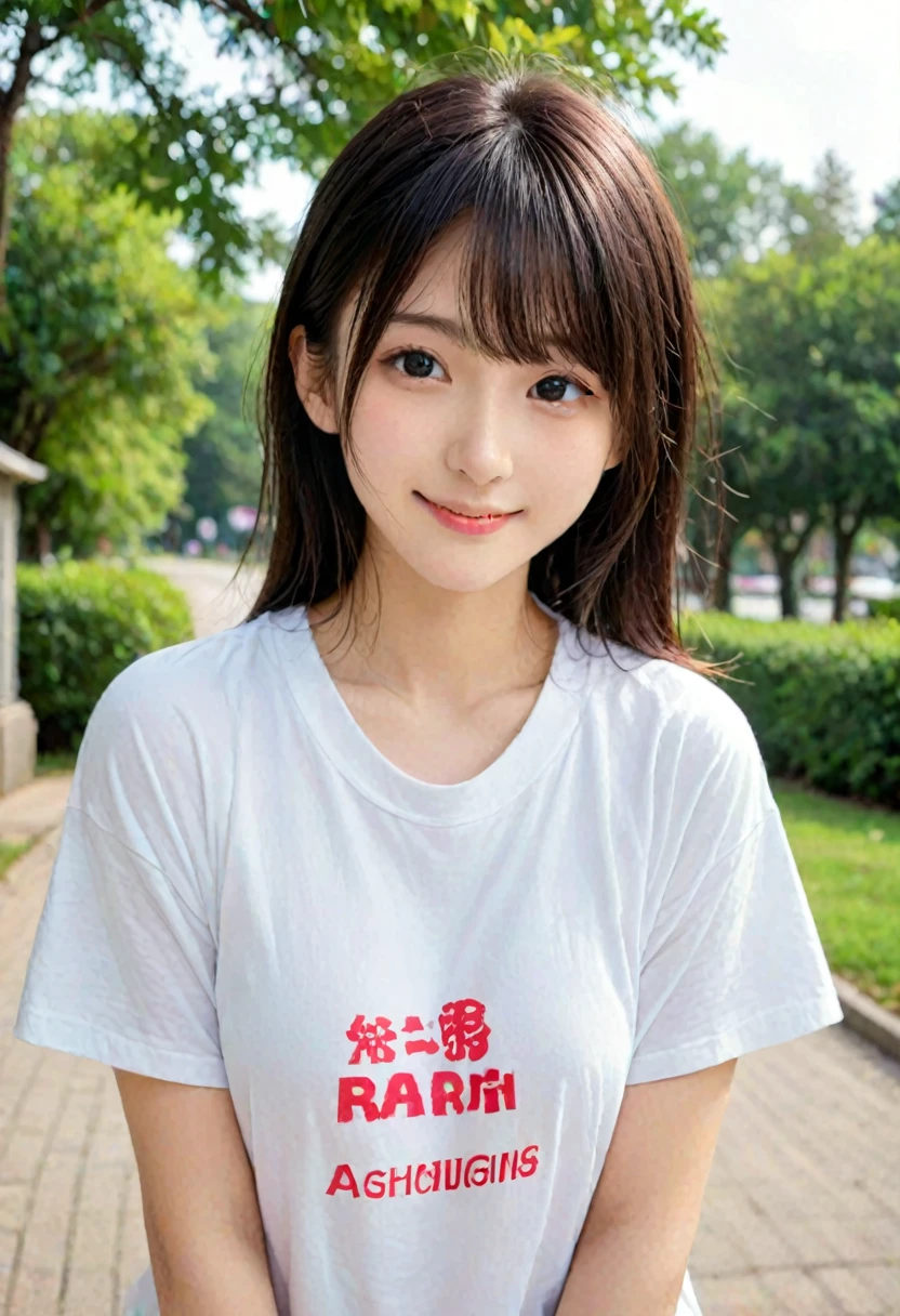 score_9, score_8_up, score_7_up, 1girl, japanese girl, cute, kawaii, beautiful face, perfect face, perfect body, smile, oversized t-shirts, big t-shirts, detailed eyes, shiny skin, standing, on side, leaning forward, large breasts, skinny, looking at viewer, cowboy shot, face focus, depth of field, simple background, outdoors, park, jpn-girl, extremely detailed, professional lighting