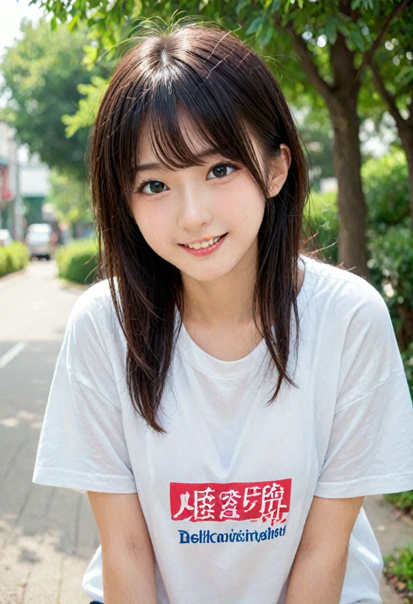 score_9, score_8_up, score_7_up, 1girl, japanese girl, cute, kawaii, beautiful face, perfect face, perfect body, smile, oversized t-shirts, big t-shirts, detailed eyes, shiny skin, standing, on side, leaning forward, large breasts, skinny, looking at viewer, cowboy shot, face focus, depth of field, simple background, outdoors, park, jpn-girl, extremely detailed, professional lighting