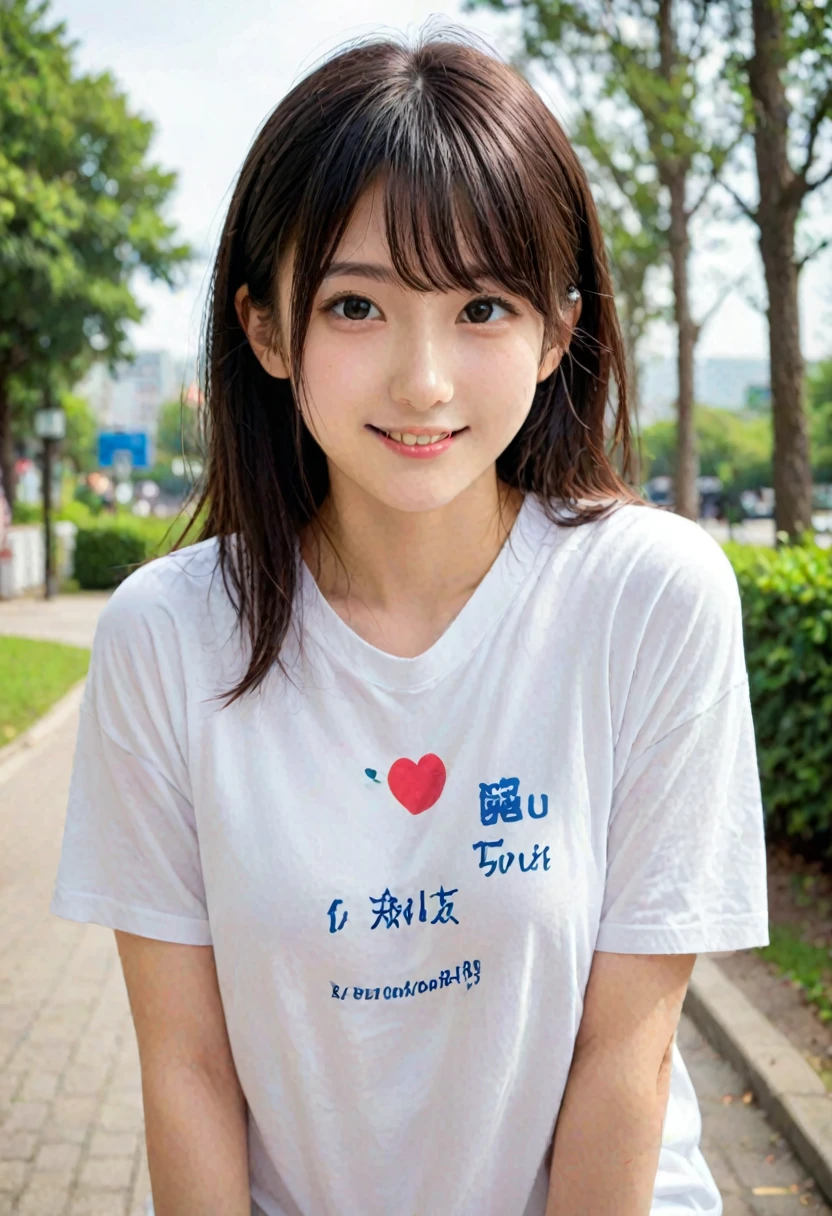 score_9, score_8_up, score_7_up, 1girl, japanese girl, cute, kawaii, beautiful face, perfect face, perfect body, smile, oversized t-shirts, big t-shirts, detailed eyes, shiny skin, standing, on side, medium breasts, skinny, looking at viewer, cowboy shot, face focus, depth of field, simple background, outdoors, park, jpn-girl, extremely detailed, professional lighting