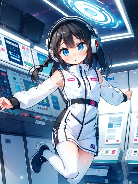 (Highest quality), (masterpiece), 1080P, High resolution, 4K, 8k, Inside the space station、Futuristic room、jumping:1.5,zero gravity,floating,, Shooting from directly below, The woman on top of me, 白いSweat, Covered , Sweat, Woman looking down, Skirt swimsuit, Showing off white pants。BREAK (black long sleeves,):,black tights,BREAK, futuristic boots,headphone,Halation,To achieve this, 16, whole body, Braided hair, Inner Color, Embarrassed face, Short black hair,  Bedroom,white downVest,celestial body_Vest
