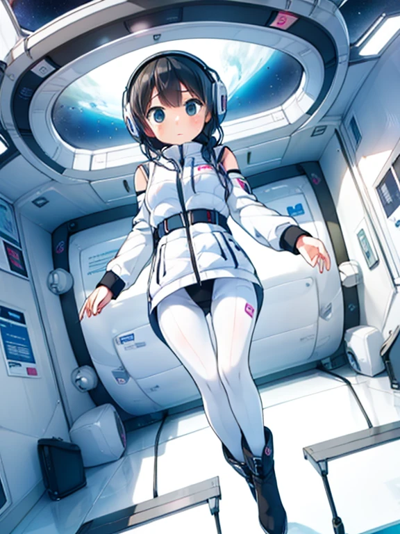 (Highest quality), (masterpiece), 1080P, High resolution, 4K, 8k, Inside the space station、Futuristic room、jumping:1.5,zero gravity,floating,, Shooting from directly below, The woman on top of me, 白いSweat, Covered , Sweat, Woman looking down, Skirt swimsuit, Showing off white pants。BREAK (black long sleeves,):15,black tights,BREAK, futuristic boots,headphone,Halation,To achieve this, 16 years old, , whole body, Braided hair, Inner Color, Embarrassed face, Short black hair, Bedroom,white downVest,celestial body_Vest