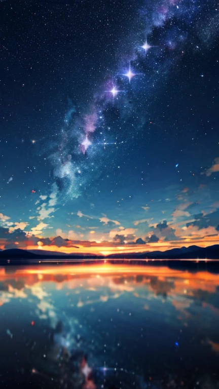 The starry sky and surrounding scenery reflected on the transparent water surface