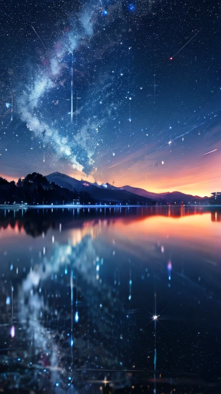 The starry sky and surrounding scenery reflected on the transparent water surface