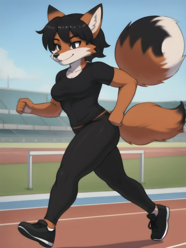 Furry, fox, female, black shirt, black leggings, shoes, running track, solo, full body
