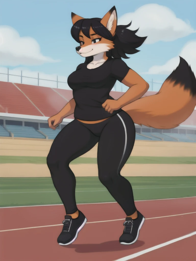 Furry, fox, female, black shirt, black leggings, shoes, running track, solo, full body
