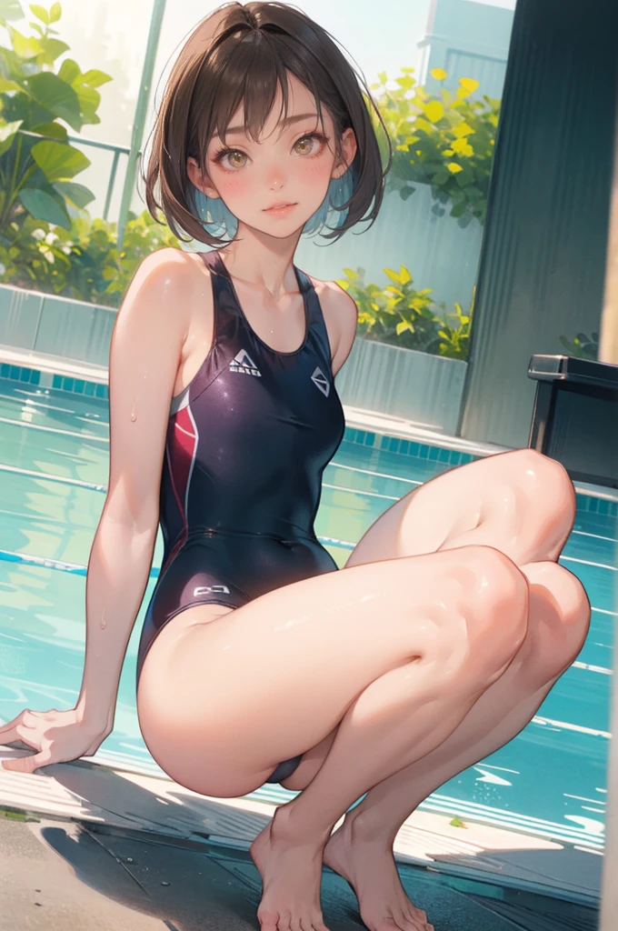 (super flat, flat shading), Honors Type, Really blushing, , high school girl, wearing school swimsuit:1.5), cameltoe, Short bob cut brown hair, Glasses, sweaty healthy body, mesugaki smile, armpit, bare legs, ultra realistic, early morning, breeze, (squatting), in crowded poolside, 