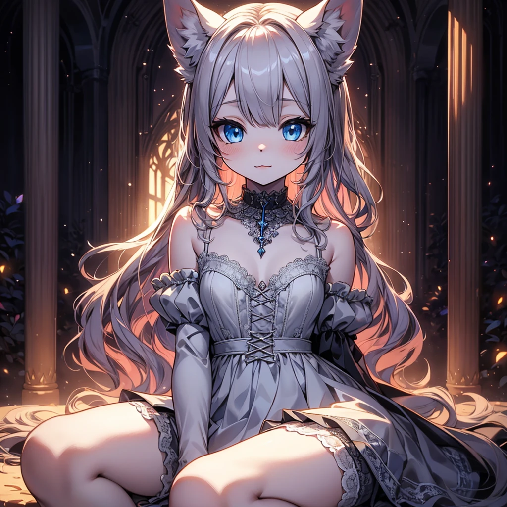 silver hair, dog ears, white dress,wavy hair,delicate features quiet gaze,beautiful half body illustration,beautiful backgraund,atmospheric lighting,sharp focus,vlumetric lighting,cute face,reduce saturation,fine detailed face,small nose and mouth,volumetric top lighting,bold line painting, soft shadow,((masterpiece, best quality)), (1girl), (solo), (female focus),small breasts,flat tits,ta,short height,skinny girl,blue eyes,open legs,animal ears,

