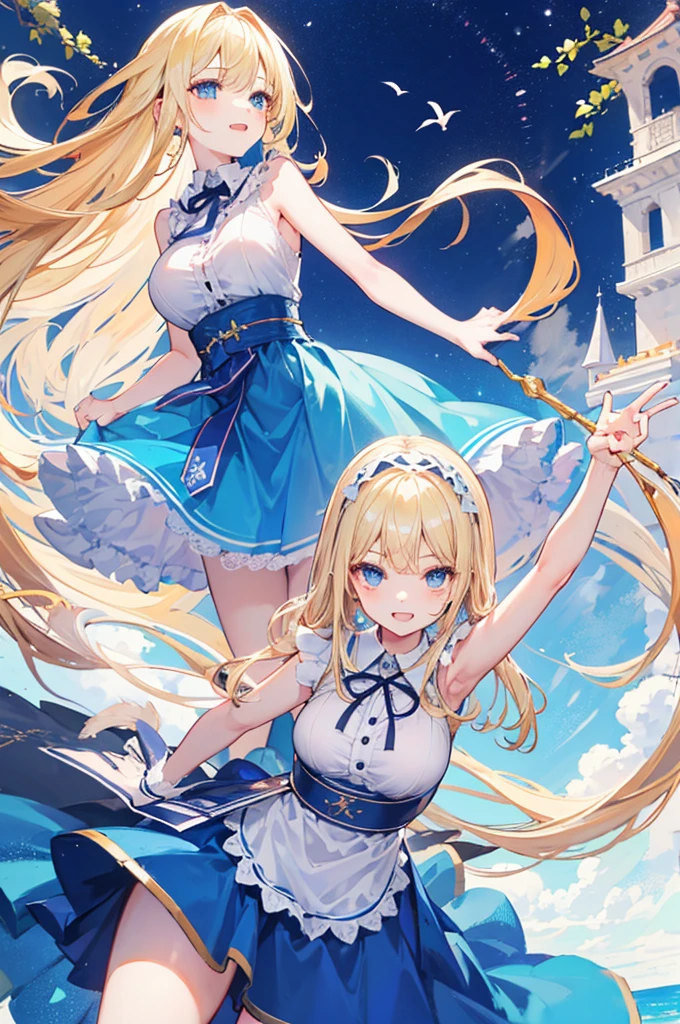 A girl with big ，Alice漫游仙境，fairy tales，((Alice))，Light blond long hair，Blue Eyes，Sky blue skirt，sleeveless，See the lateral breast，energetic and cute，happy，