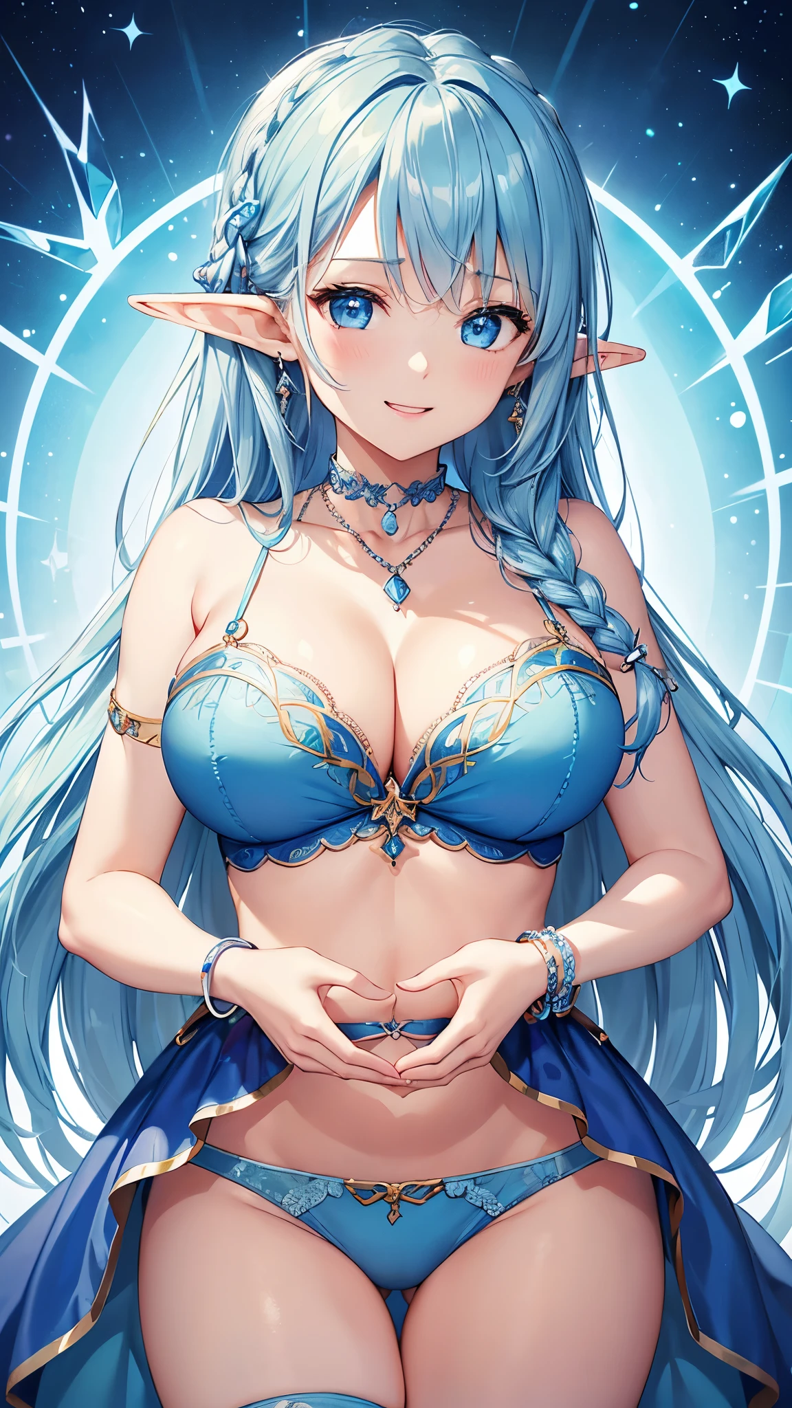 Highest quality、Highest quality、masterpiece、(8k resolution),beauty(Age 25)、(Mature Appearance)、Light blue long hair(Braiding of sides)、blue eyes、(Light blue underwear with detailed embroidery)、(Elf)、Big cleavage、((Very large breasts))、smile、blue necklace、Blue Earrings、background(ice)、Please open your mouth wide、bracelet、Dynamic pose、Blue choker、