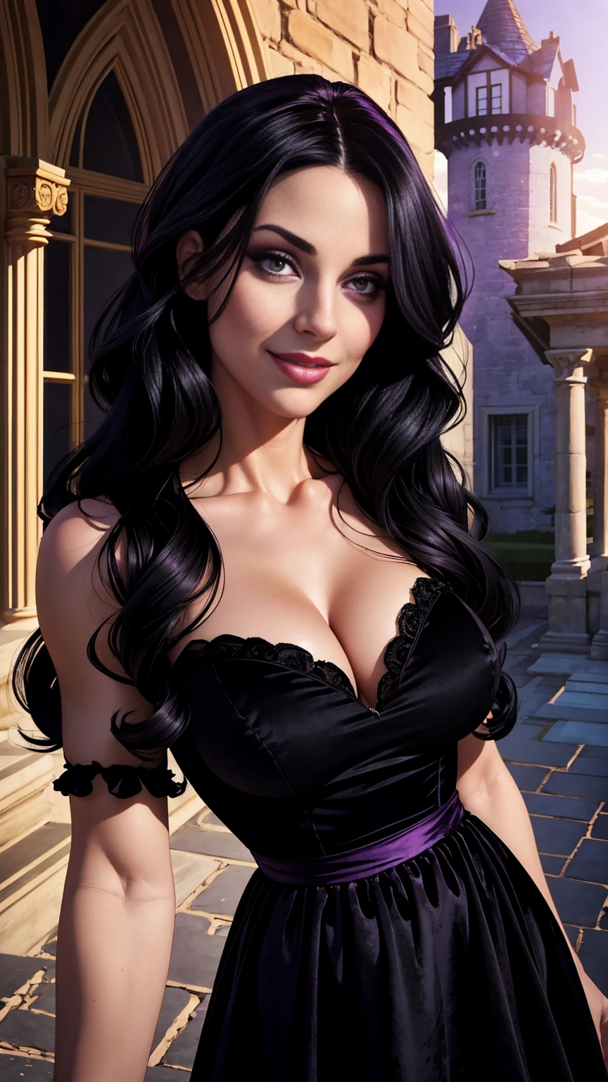 Caucasian woman, medium sized breasts, ((flowing black hairstyle)), ((violet eyes)), ((black velvet dress)), toned body, facing camera, portrait, face to breast close up, morning light, standing in a castle courtyard, wide joyous smile