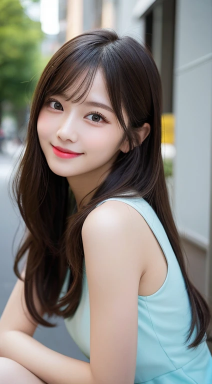 Tabletop, Highest quality, figure, Very detailed, In detail, High resolution, 8k wallpaper, Perfect dynamic composition, Beautiful attention to detail, Summer Dresses,Long Hair, Natural color lip, Bold sexy pose,smile,Harajuku、20-year-old girl、Cute Face、sexy shot looking at camera