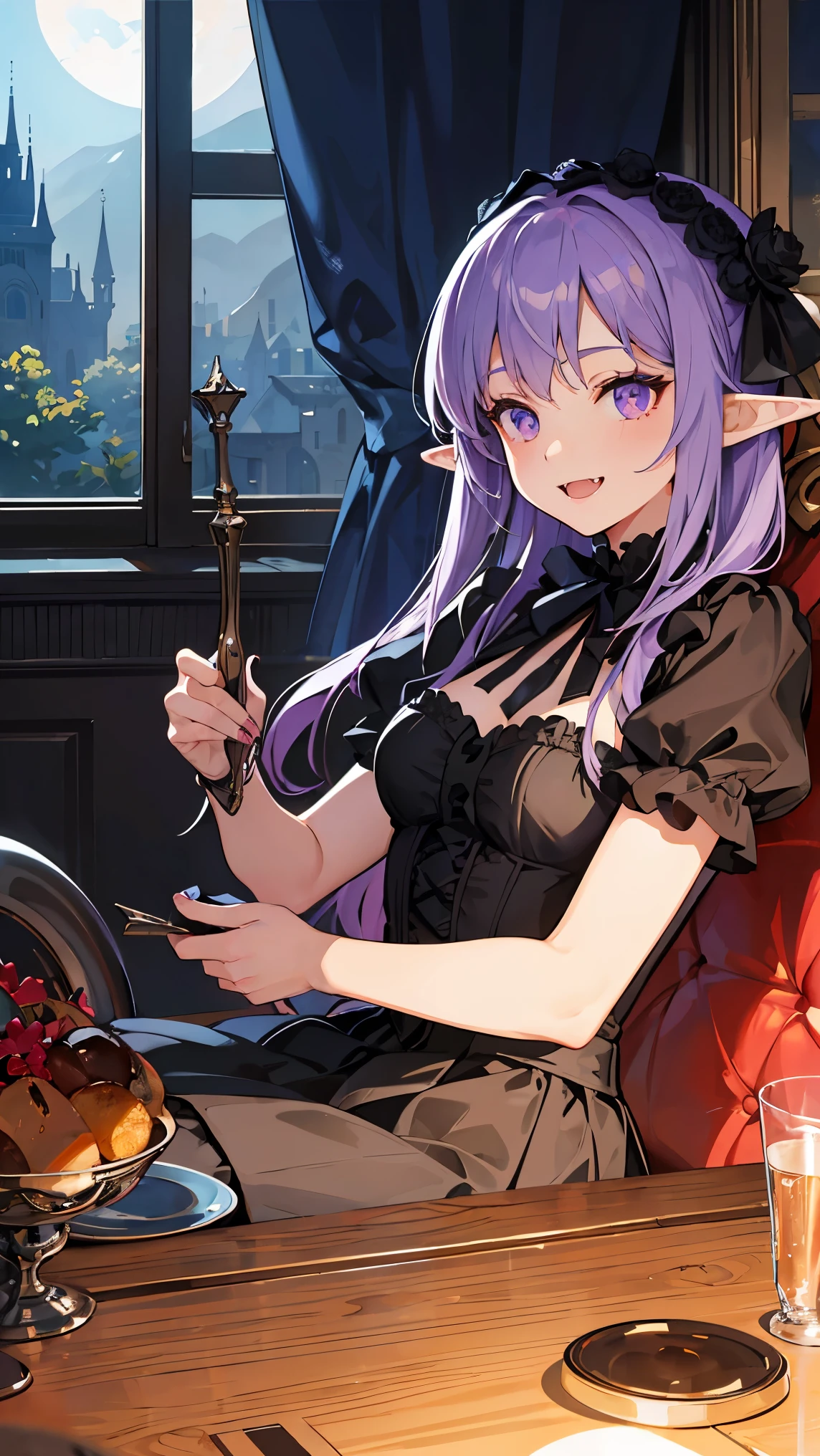 (purple hair), long hair, Hair blowing in the wind, Hair Ribbon, mismatched sclera, smile, Baroque, chiaroscuro, masterpiece, accurate, high quality, best quality, high details, super detail, Vampire, aristocratic vampire, dark castle interior, moonlight shining through a window into a dark room, at night, Gothic Lolita, Gothic Lolita costume, Detailed hands, detailed fingers, pointed nails, nail art, Fangs protruding from the mouth, elf, pointy ears, mature woman