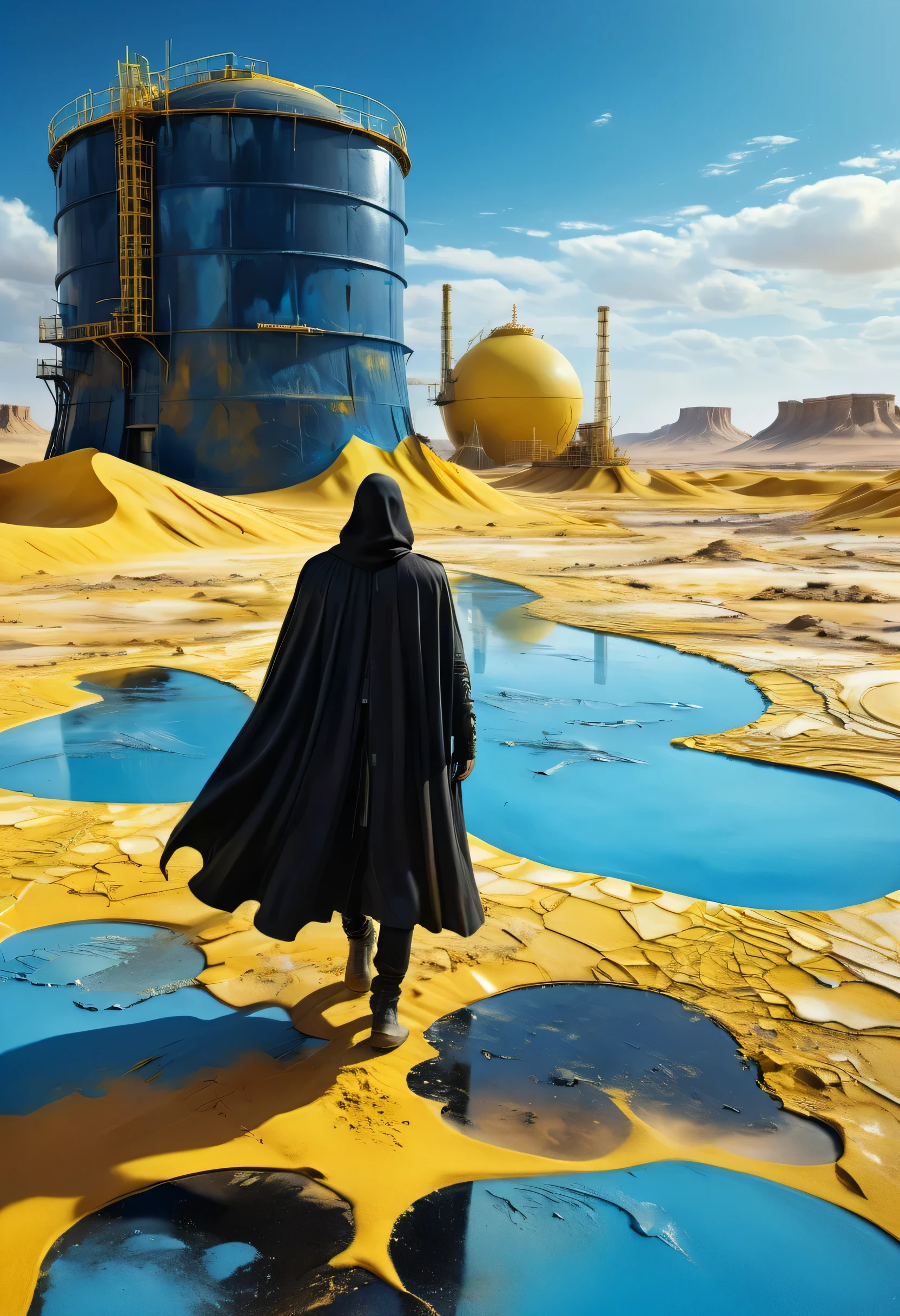 Man in black cape in yellow desert walking alone, mostly blue tones and small details in yellow, 4D high relief texture painting, construction, construction site, Building in the background, floor, 8k, 4D, futuristic, water tank in the background, ornate desert, aerial view, view from far away, photorealism, abstract impressionism