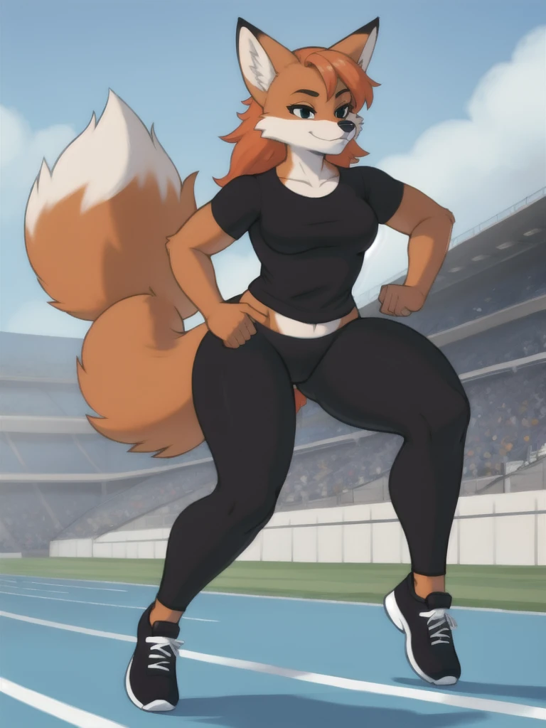 Furry, fox, female, black shirt, black leggings, shoes, running track, solo, full body