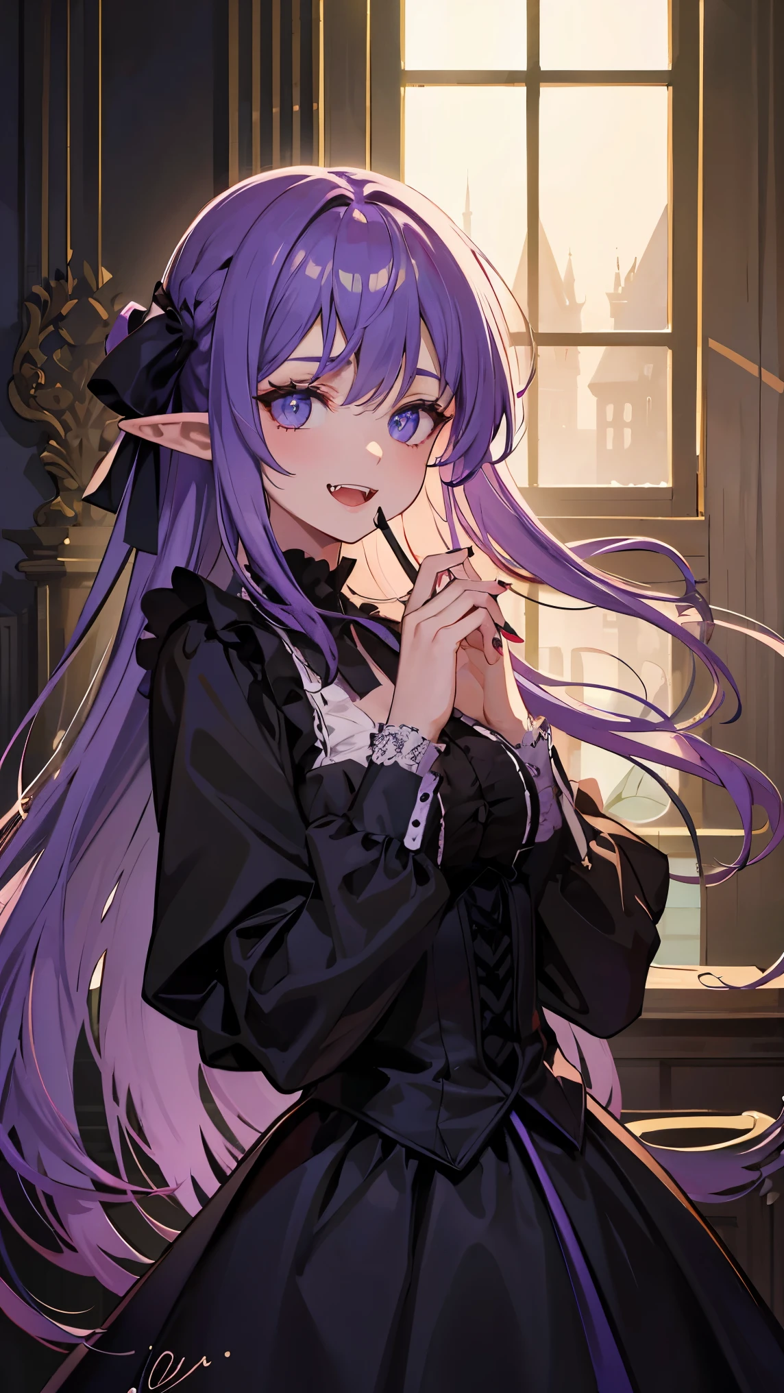 (purple hair), long hair, Hair blowing in the wind, Hair Ribbon, mismatched sclera, smile, Baroque, chiaroscuro, masterpiece, accurate, high quality, best quality, high details, super detail, Vampire, aristocratic vampire, dark castle interior, moonlight shining through a window into a dark room, at night, Gothic ****ta, Gothic ****ta costume, Detailed hands, detailed fingers, pointed nails, nail art, Fangs protruding from the mouth, elf, pointy ears, mature woman