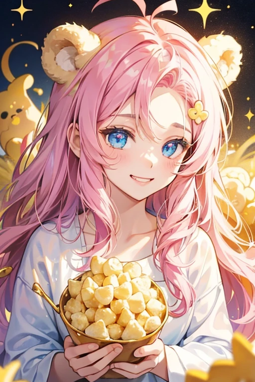 A girl marshmallow square made from golden rice puffs. She has round bear ears, wide eyes and a lopsided grin. White icing drips down her head, decorated with pink, blue and yellow sprinkles. SPARKLE; GLITTER