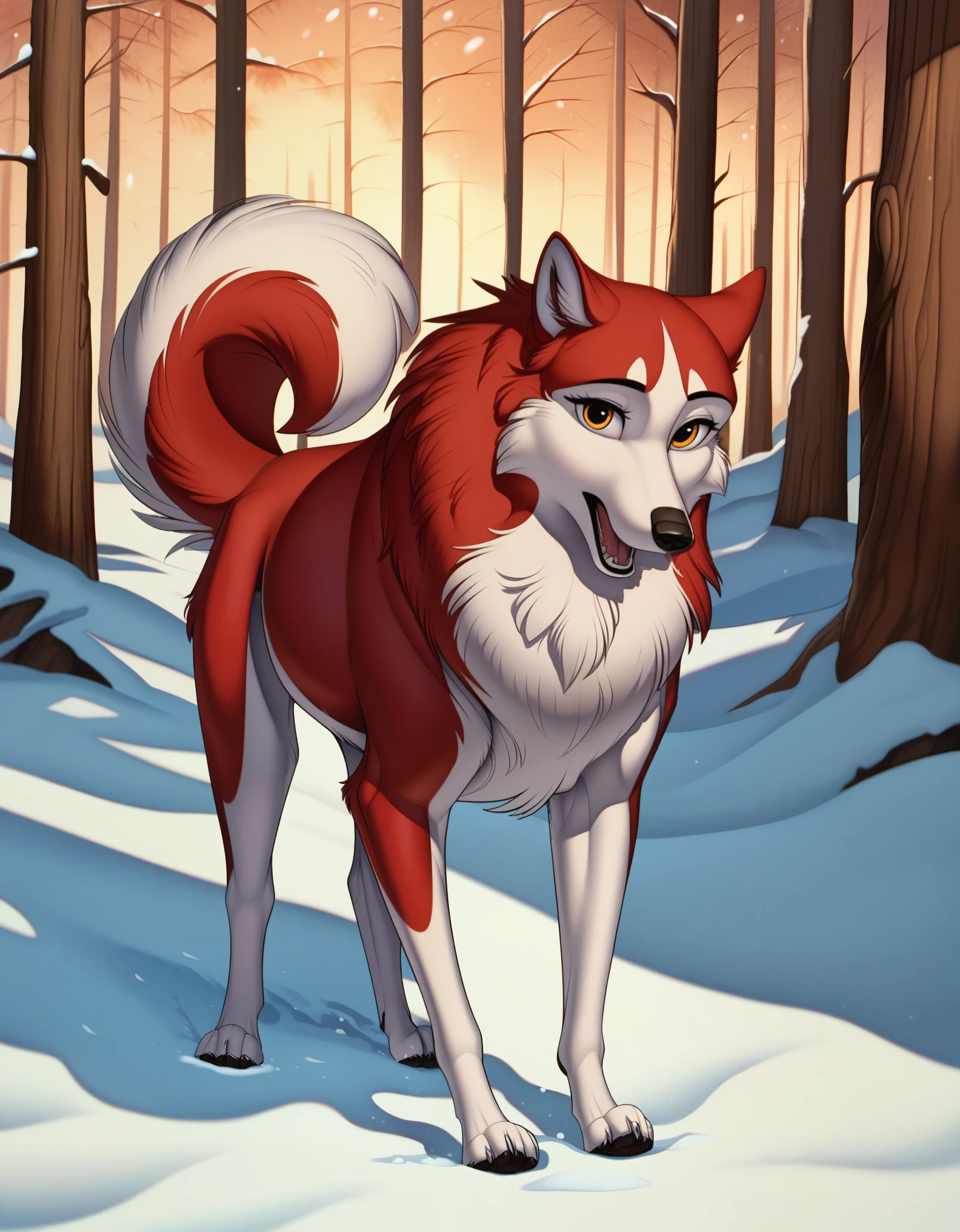 score_9, score_8_up, score_7_up, BREAK, (jenna\(balto\), open mouth, amber eyes,red fur, two tone fur, feral canine, fluffy fur, in the snow, large paws, detailed fur, solo, curled husky tail, looking at viewer), by meesh, by cervina, realistic, 8k, clean,  woods, ultra detailed, by truegrave9, fur, detailed fur, body fur, tuft, fluffy, detailed eyes,