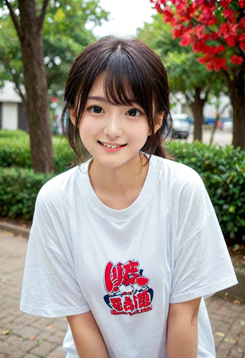 score_9, score_8_up, score_7_up, 1girl, japanese girl, cute, kawaii, beautiful face, perfect face, perfect body, smile, oversized t-shirts, big t-shirts, detailed eyes, shiny skin, standing, on side, leaning forward, medium breasts, skinny, looking at viewer, cowboy shot, face focus, depth of field, simple background, outdoors, park, jpn-girl, extremely detailed, professional lighting