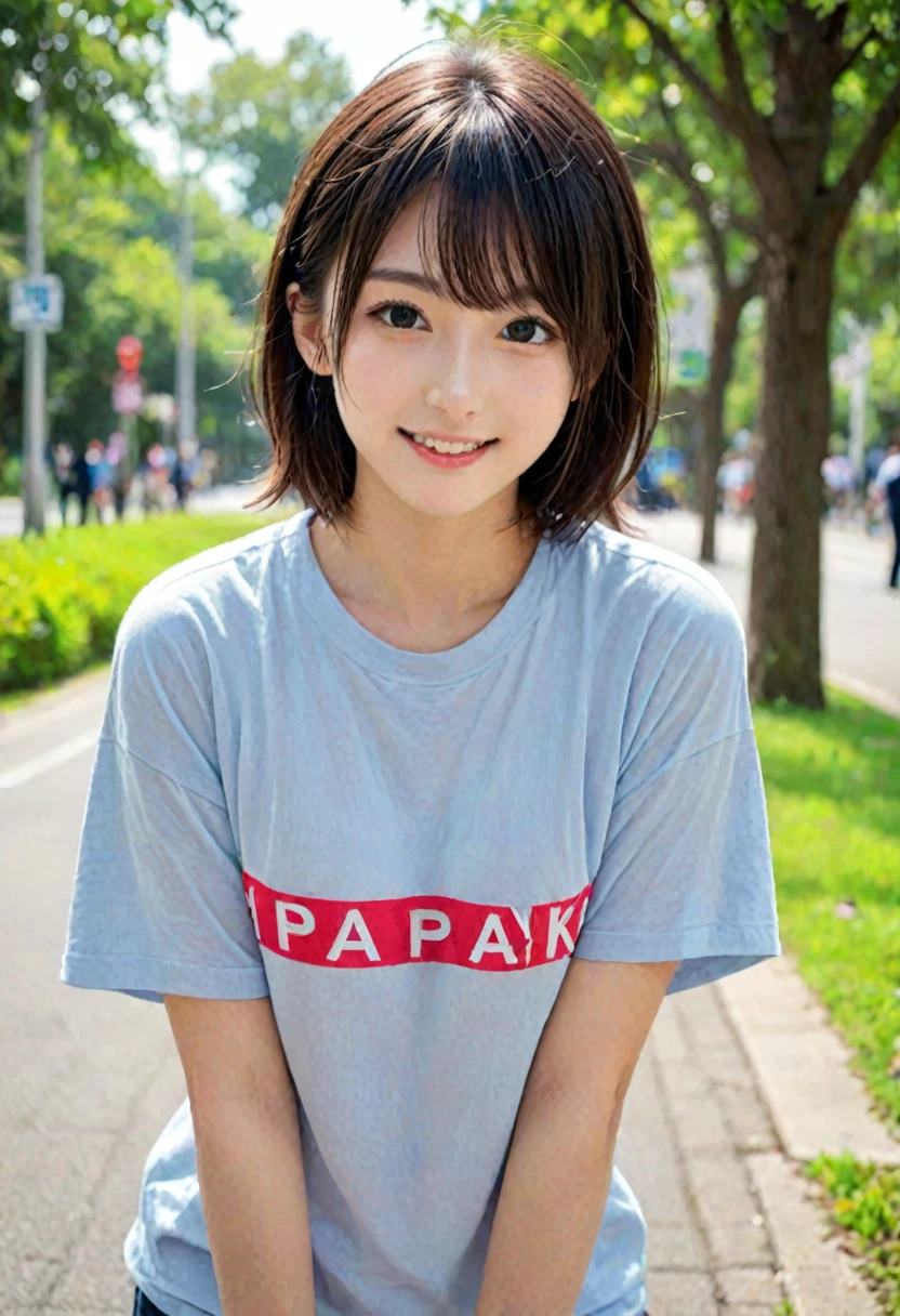 score_9, score_8_up, score_7_up, 1girl, japanese girl, cute, kawaii, beautiful face, perfect face, perfect body, smile, oversized t-shirts, big t-shirts, detailed eyes, shiny skin, standing, on side, leaning forward, medium breasts, skinny, looking at viewer, cowboy shot, face focus, depth of field, simple background, outdoors, park, jpn-girl, extremely detailed, professional lighting