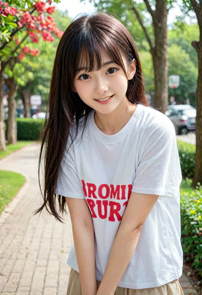 score_9, score_8_up, score_7_up, 1girl, japanese girl, cute, kawaii, beautiful face, perfect face, perfect body, smile, oversized t-shirts, big t-shirts, detailed eyes, shiny skin, standing, on side, leaning forward, medium breasts, skinny, looking at viewer, cowboy shot, face focus, depth of field, simple background, outdoors, park, jpn-girl, extremely detailed, professional lighting