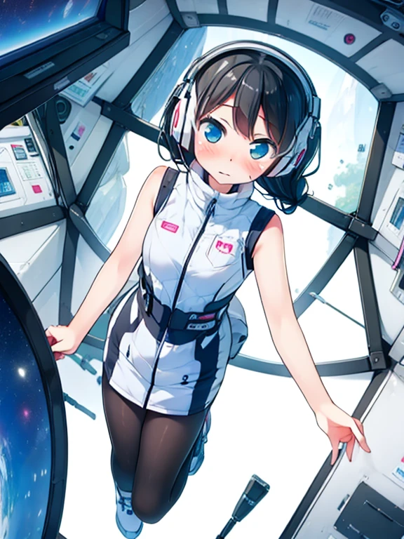 (Highest quality), (masterpiece), 1080P, High resolution, 4K, 8k, Inside the space station、Futuristic room、Shooting from directly below, The woman on top of me, 白いSweat, Covered , Sweat, Woman looking down, Skirt swimsuit, Showing off white pants。jumping:1.5,zero gravity,floating,, black tights,futuristic boots,headphone,Halation,To achieve this, 16 years old, , whole body, Braided hair, Inner Color, Embarrassed face, Short black hair,  Bedroom,white downVest,celestial body_Vest
