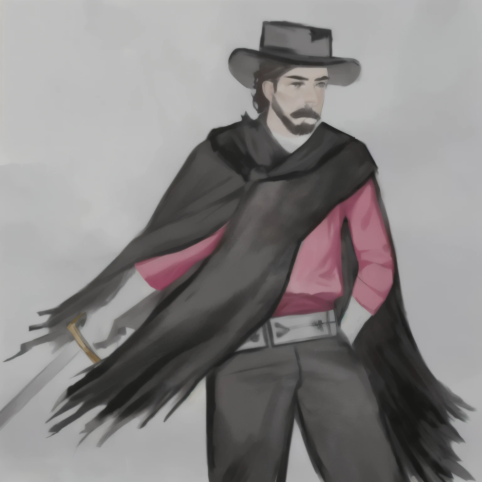 drawing of a man with a hat and torn black cape, warrior holding a sword, inspired by Agustín Fernández, inspired by Germán Londoño, inspired by Oscar Rodríguez Naranjo, inspired by Pedro Álvarez Castelló, inspired by Alonso Vázquez, inspired by Gonzalo Endara Crow